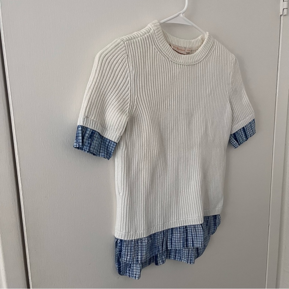Tory Burch Short Sleeve Sweater Top Blue White 100% Cotton XS - Picture 5 of 12